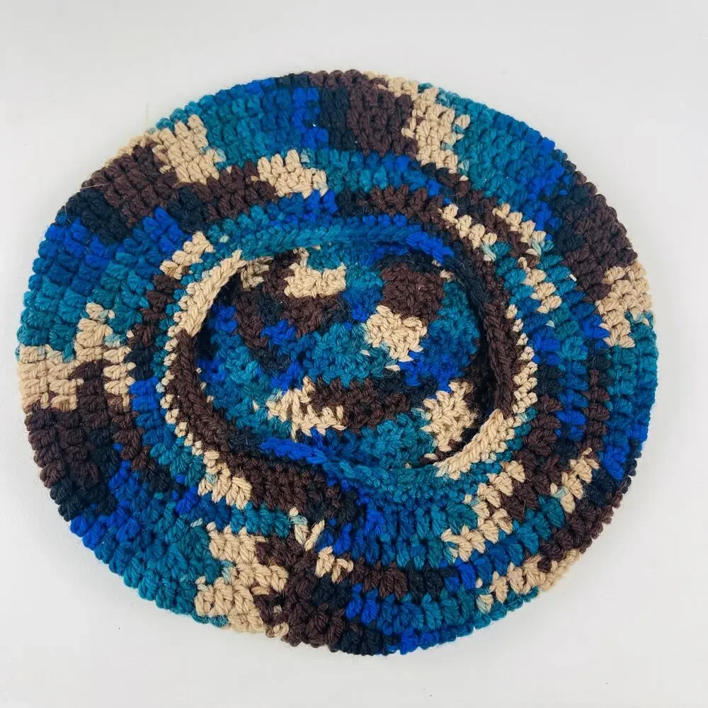 Handmade Crochet Beret Slouch Round Hat Blue Brown - Picture 2 of 4